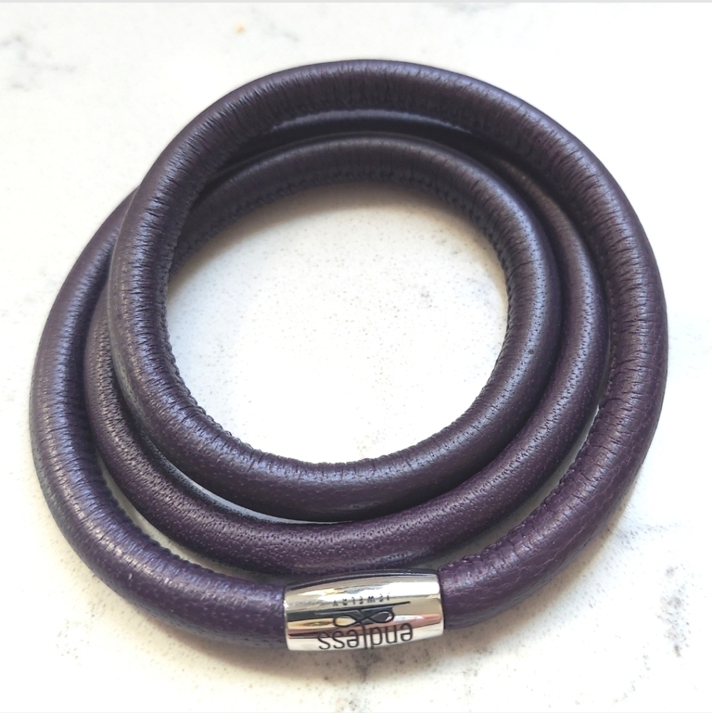 Endless Leather Charm Bracelet Triple Wrap Purple Magnetic Clasp